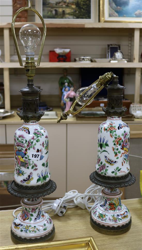 A pair of French brass mounted porcelain lamps height 50cm